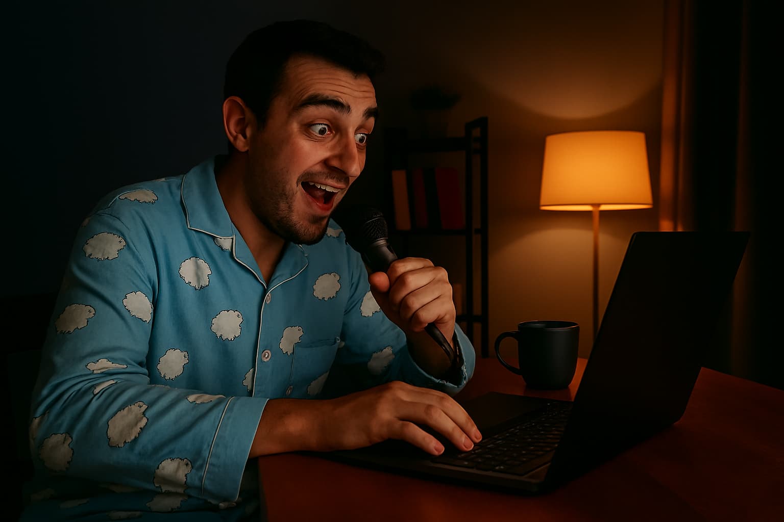 man-wearing-pajamas-holding-microphone