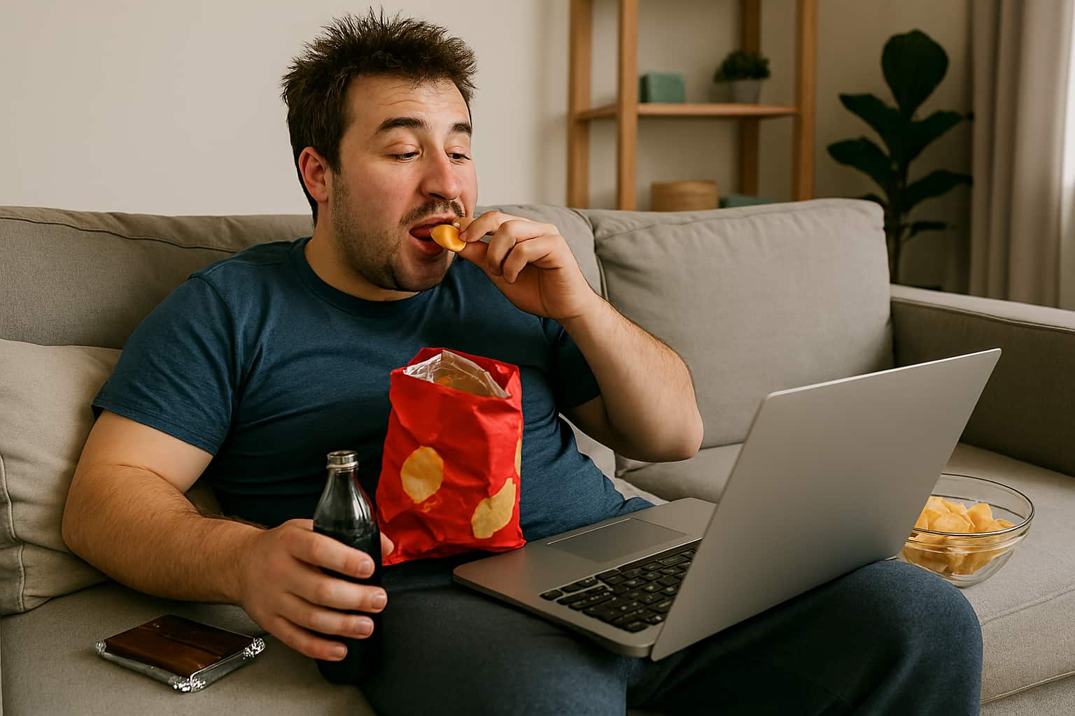 man-eating-snacks-looking-at-computer 