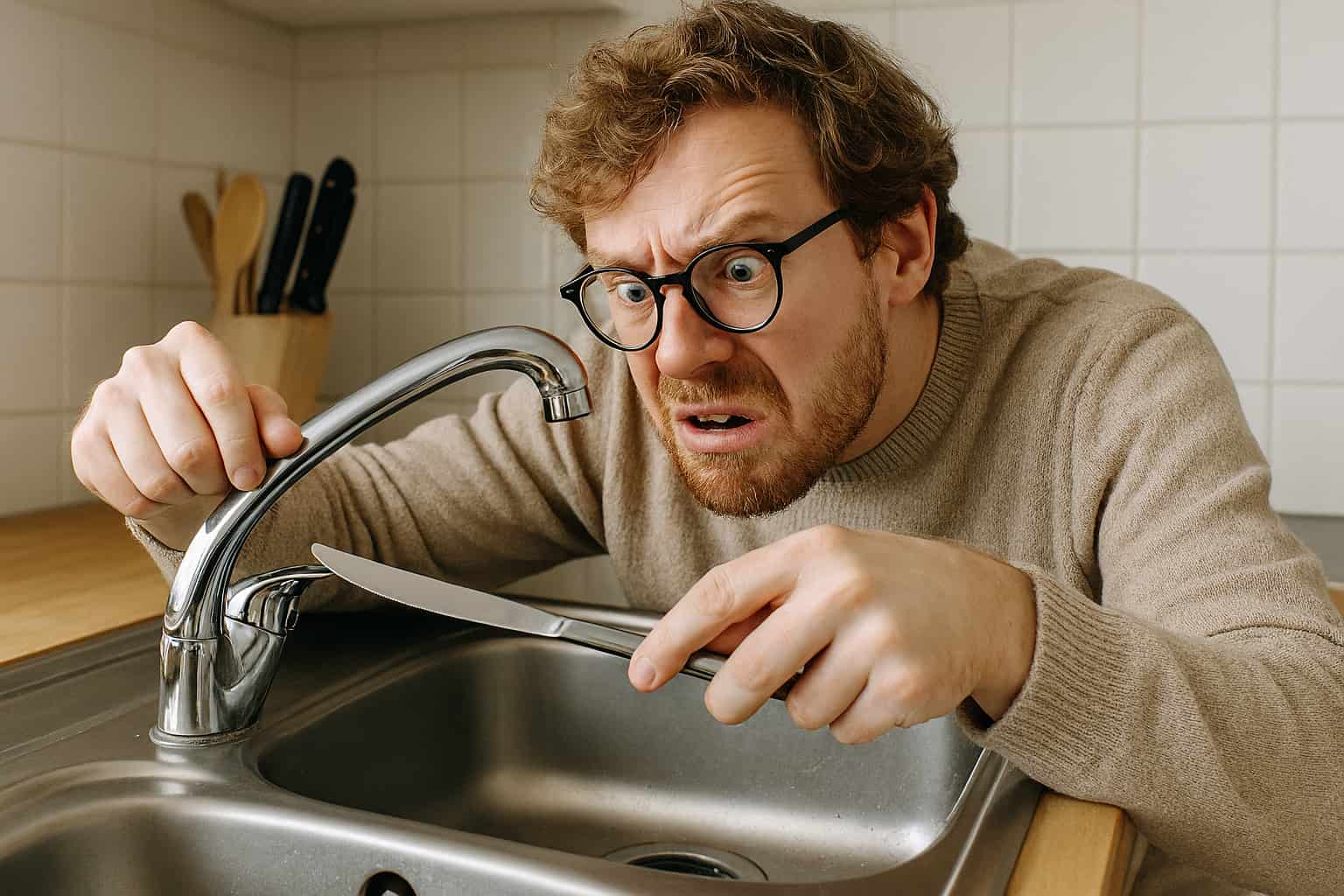 man-fixing-sink-with-butter-knife