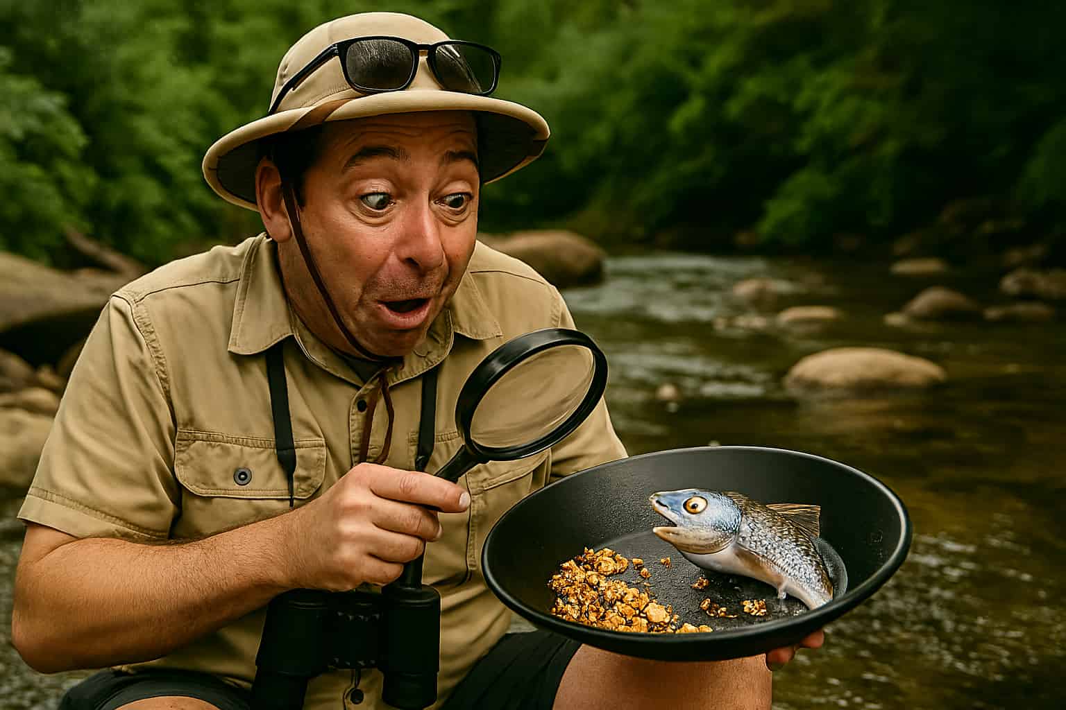 man-looking-at-gold-and-fish-through-magnifying-glass